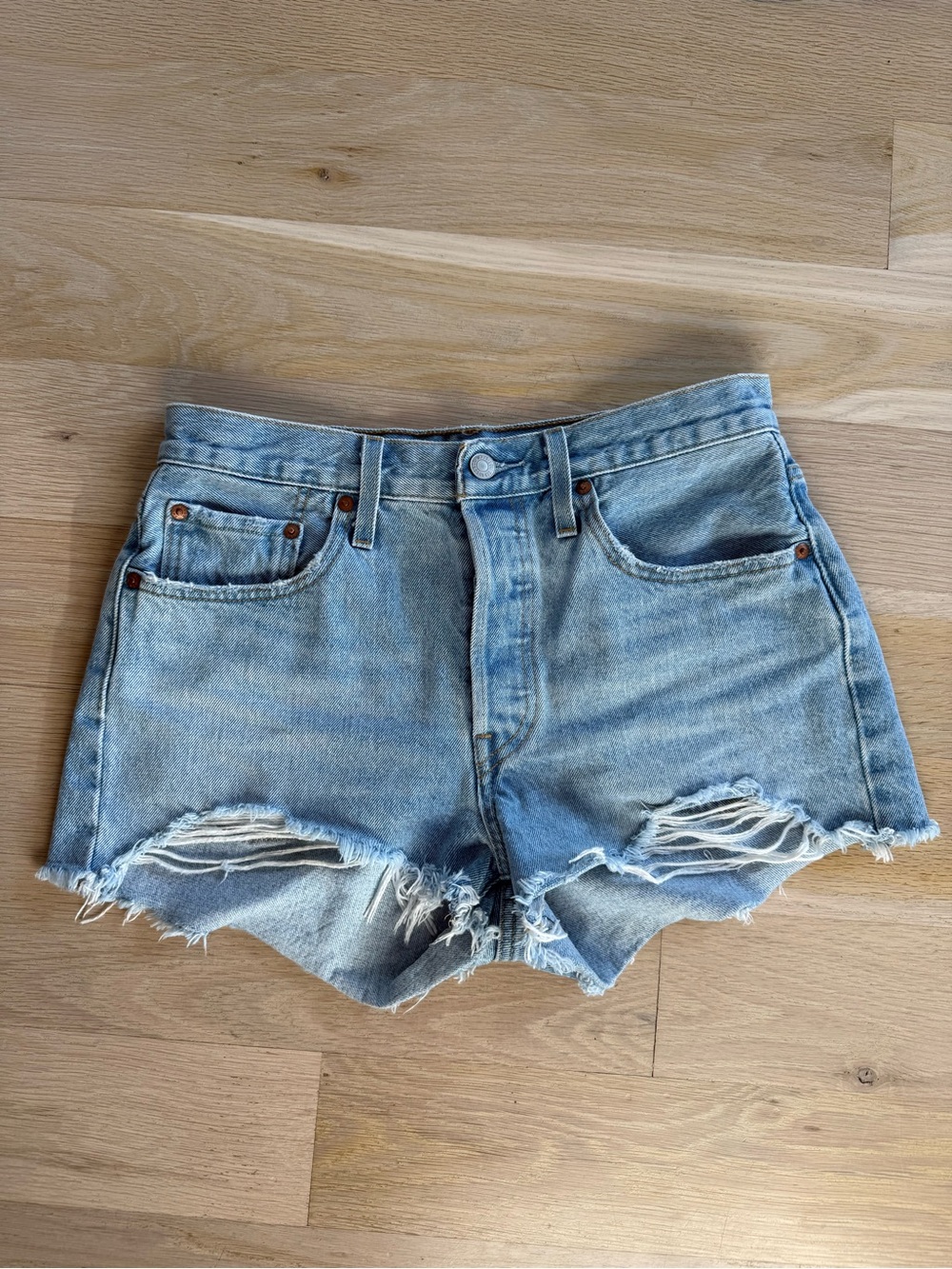 Levi's Light Blue Distressed High-Rise Jean Shorts